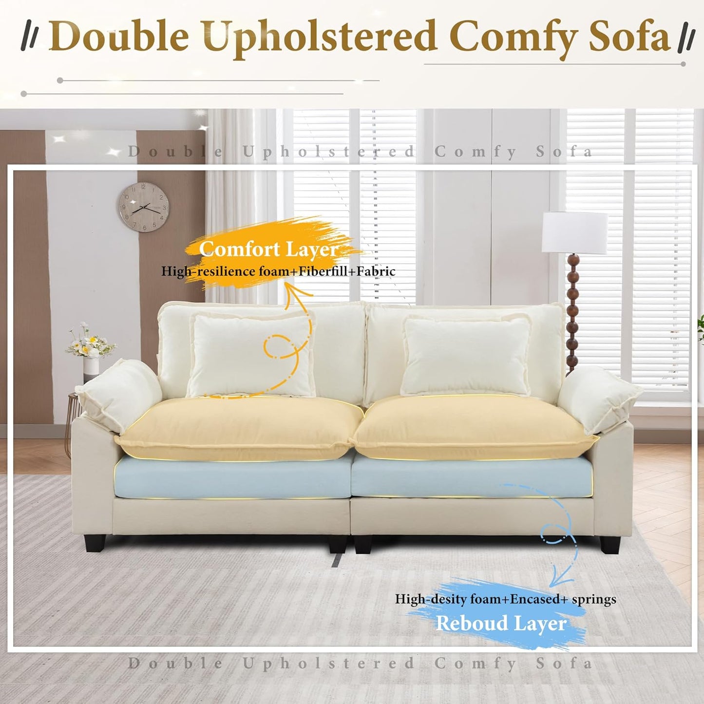 URRED Modular Sectional Sofa Comfy Cloud Couch, Modern Chenille Sofa Sleeper Deep Seat Couches with Ottoman/Pillows for Living Room (White, 82.6'')