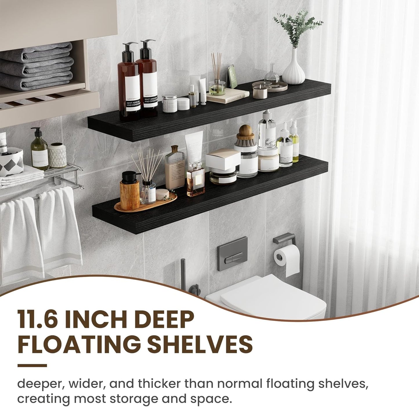 48 Inch Floating Shelves, 11.6 Inch Deep Floating Shelves for Wall, Floating Shelf with Invisible Brackets, Deep Shelves for Bathroom, Bedroom, Living Room, 1 Pack, Black