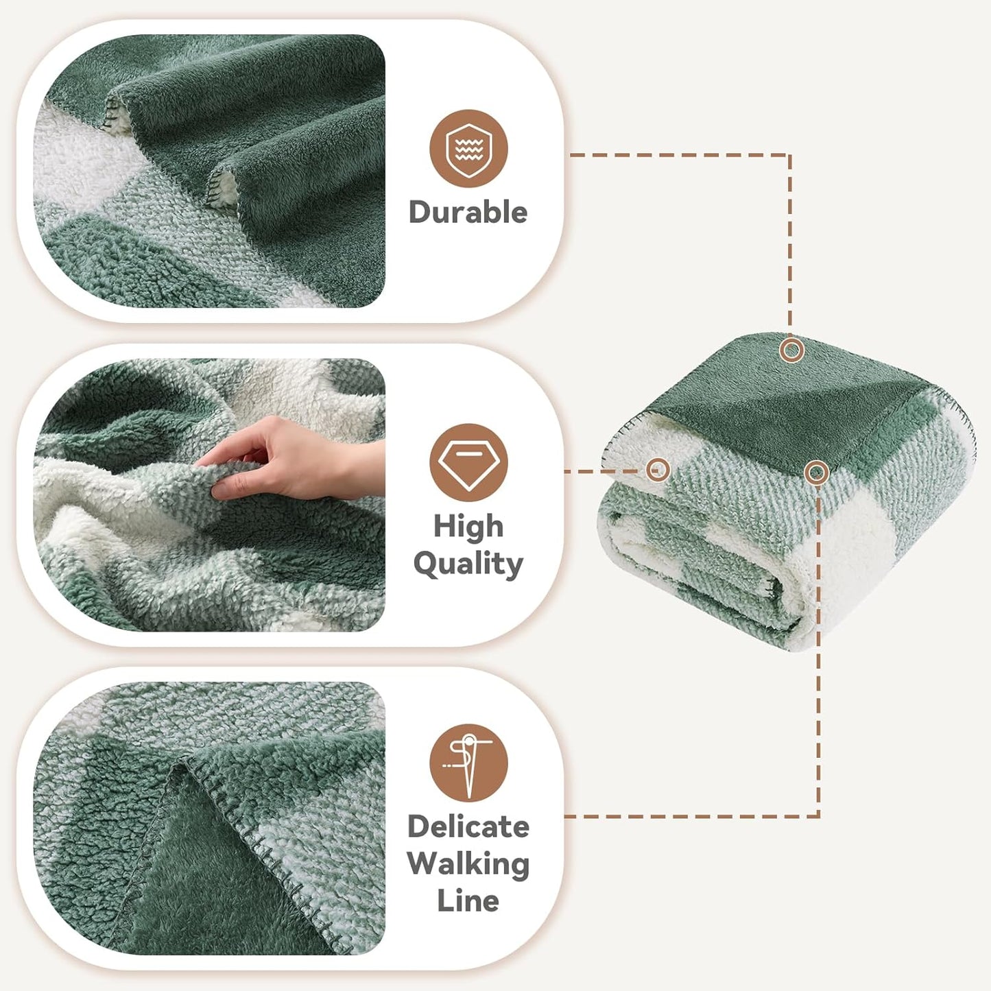 LURKA Checkered Sherpa Fleece Twin-Size Bed Blanket - Extra Thick and Warm Winter Soft Fuzzy Plush Blanket for Couches, Beds & Pets, Sage, 60x80 Inches
