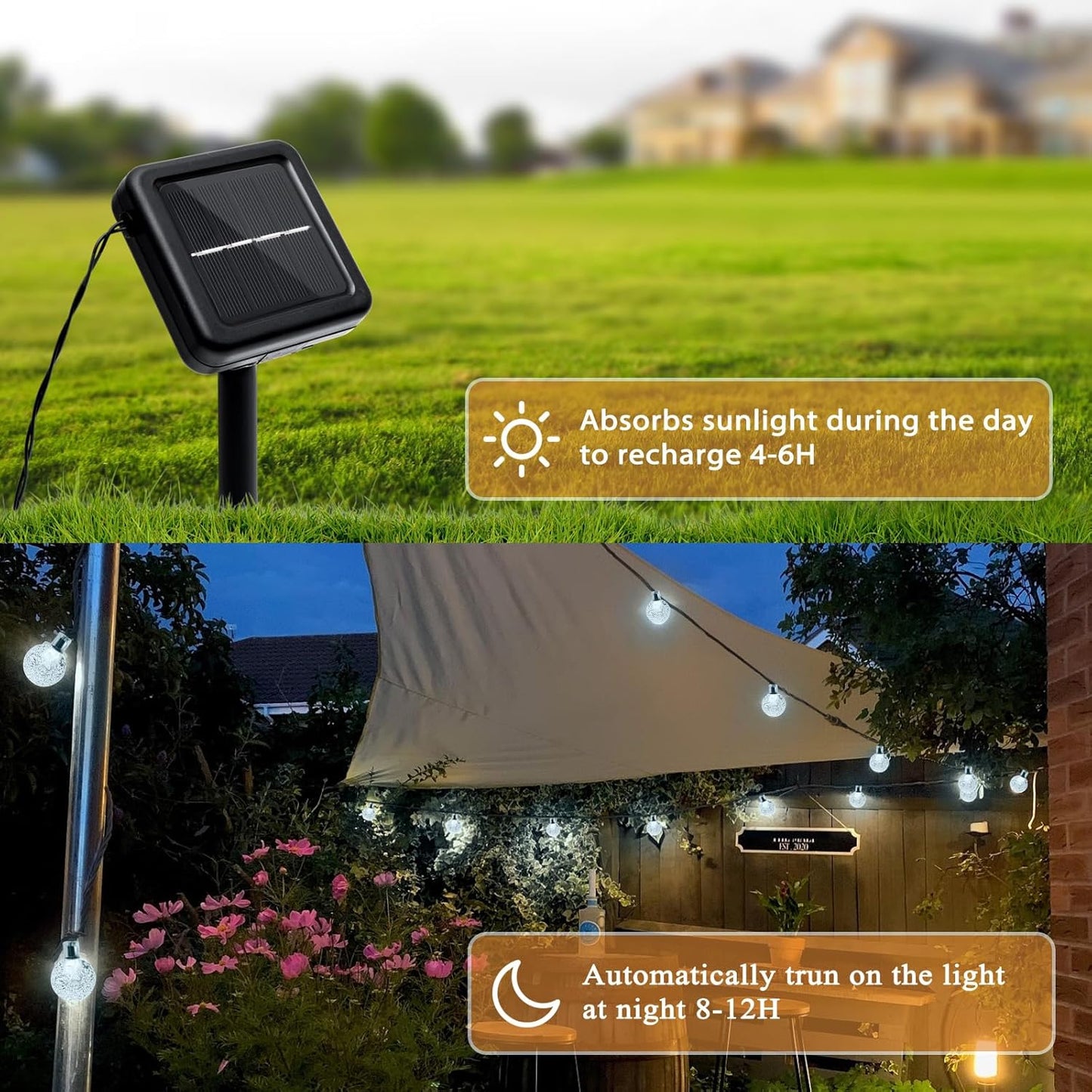 Outdoor Solar String Lights, 46FT 66LED 8Modes Crystal Solar Powered Christmas Fairy String Lights Waterproof for Outside Yard Fence Easter Holiday Party Porch Garden Decor(Pure White)