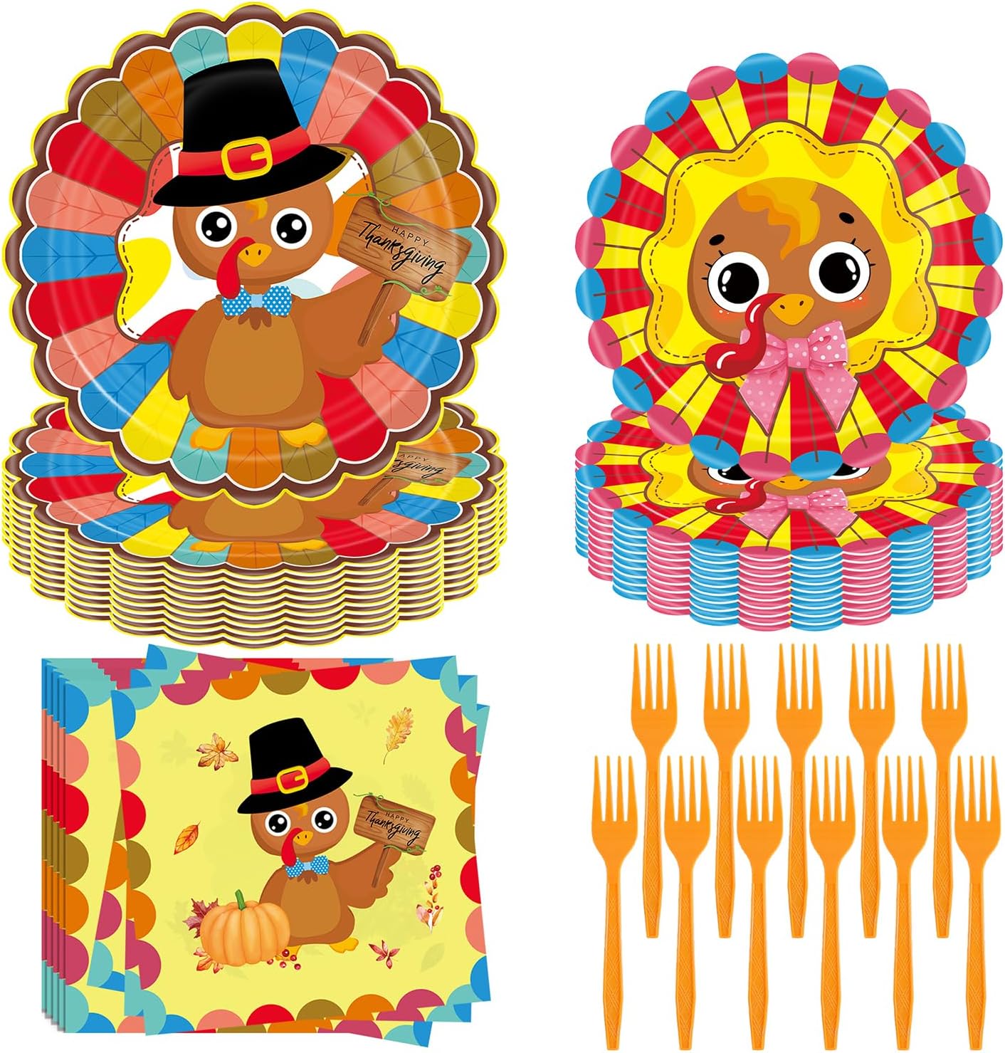 Turkey Thanksgiving Party Supplies - 96 Pcs Fall Decorations Set With Paper Plates, Napkins, Forks - Autumn Disposable Tableware for Harvest Party