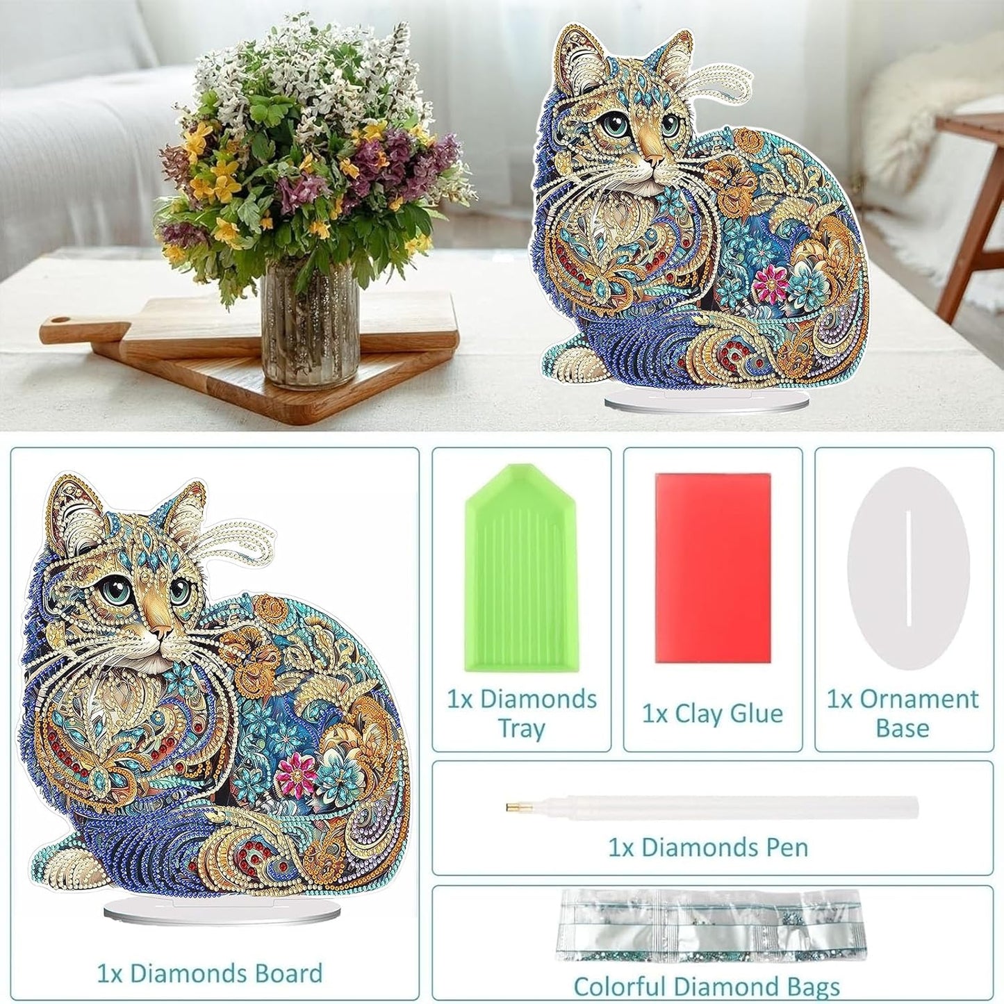 Diamond Painting Kits for Adults Beginners, 5D Full Drill Cat Crystal Art Desktop Ornament, DIY Single Sided Home Office Desk Decor, Creative Craft Gift Set with Tools