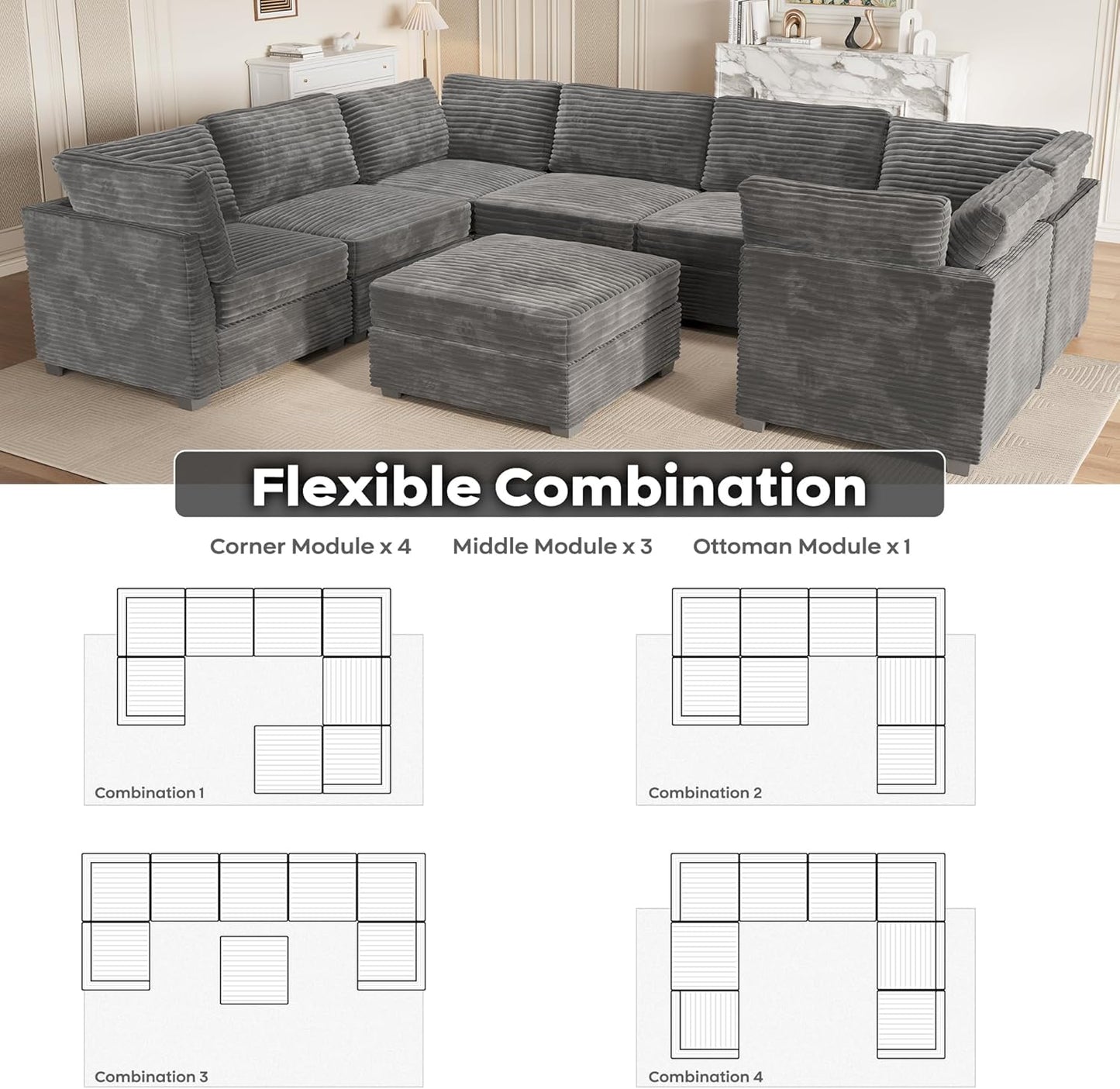 ovios Sectional Sofa Couch with U-Shape Chaise Sofa Bed, Comfy Modular Cloud Couches with Deep Seat, Modern Upholstered Plush Corduroy Sofas Set for Living Room, 8-Seater, Grey
