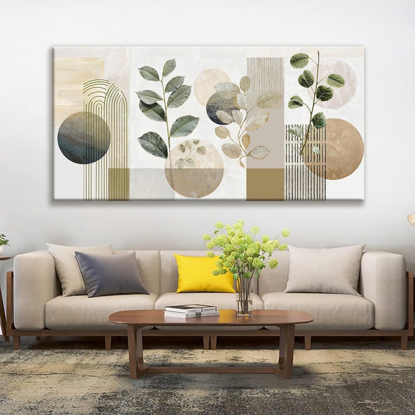 TAIJXAGSG Large Boho Green Wall Art For Living Room 29x58 In Green Botanical Boho Wall Art Modern Sage Bohemian Canvas Art Wall Decor Natural Abstract Geometry Lines Prints Picture Ready To Hang