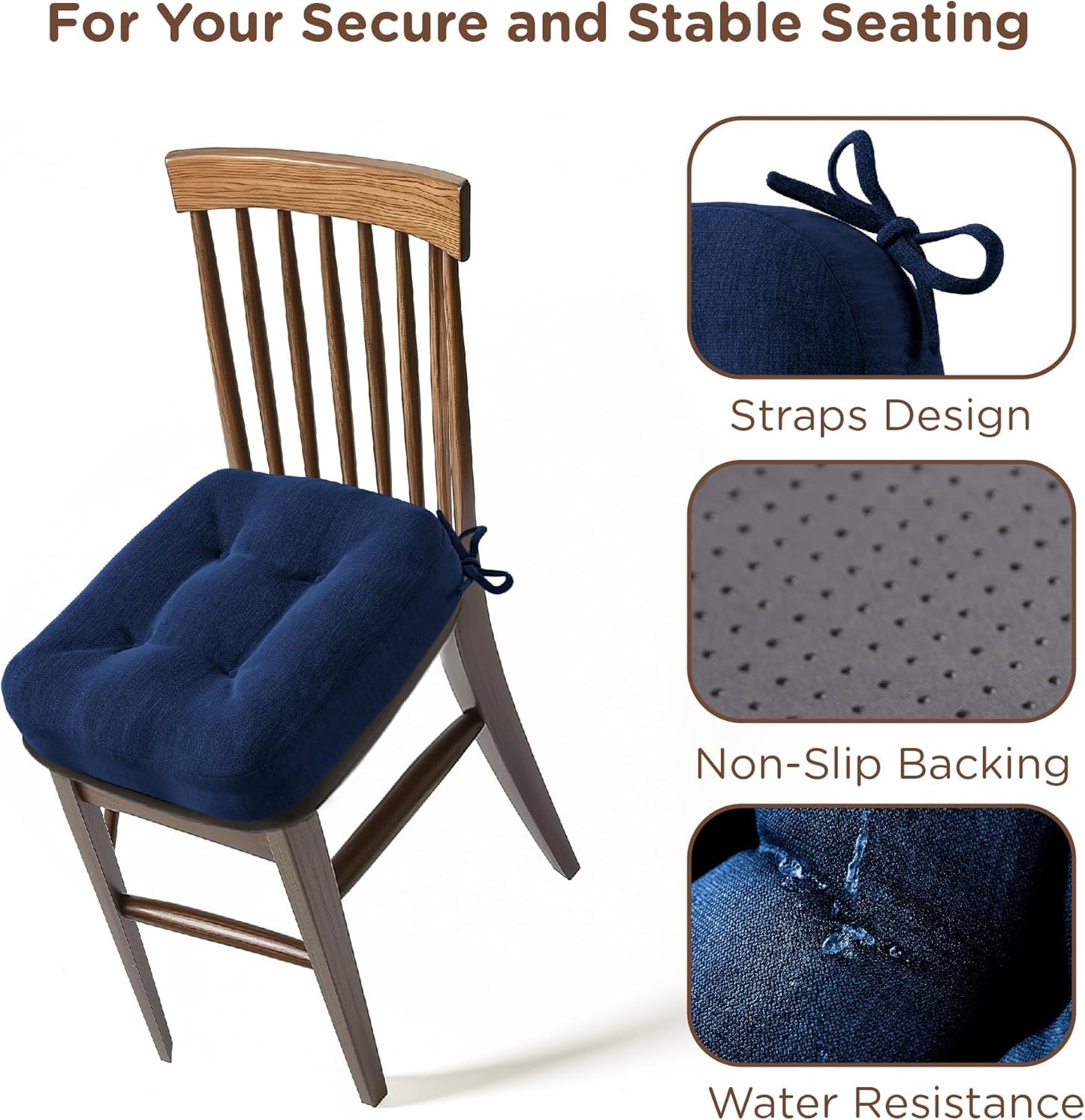Codi Thick Kitchen Chair Cushions, Chair Pads for Indoor Dining Room 4 Pack - Washable, Non-Slip 3-Layer Seat Cushion with Ties, 16.5"x16.5"x 3.5", Set of 4, Navy
