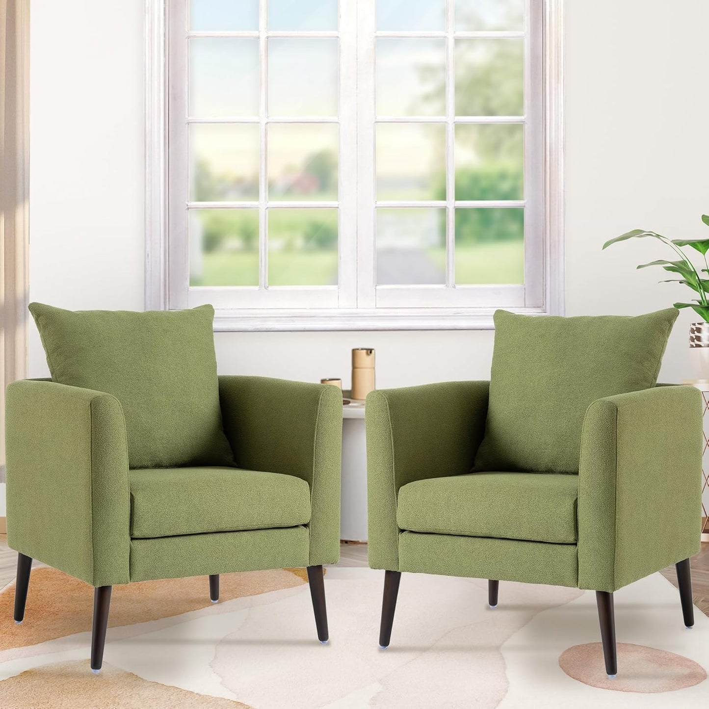 Barrel Accent Chair Set of 2 with Back Pillow, Large Upholstered Armchair with Solid Wood Legs Modern Reading Chairs for Living Room Bedroom