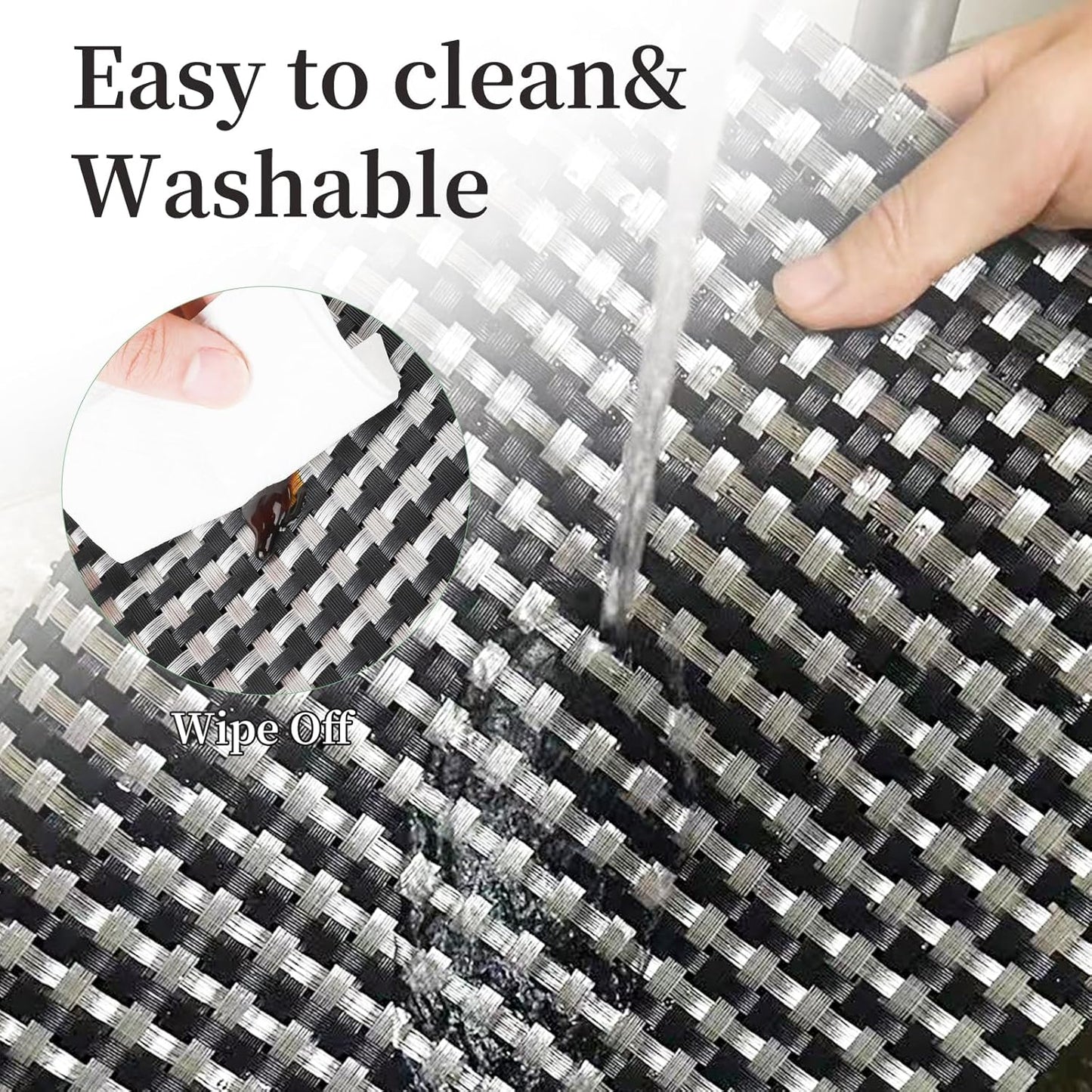 Vinyl Plastic Placemats Set of 6 Washable Heat Resistant Non-Slip Elegant Indoor Outdoor Kitchen Dining PVC Woven Table Place Mats (Black Silver Weaving)