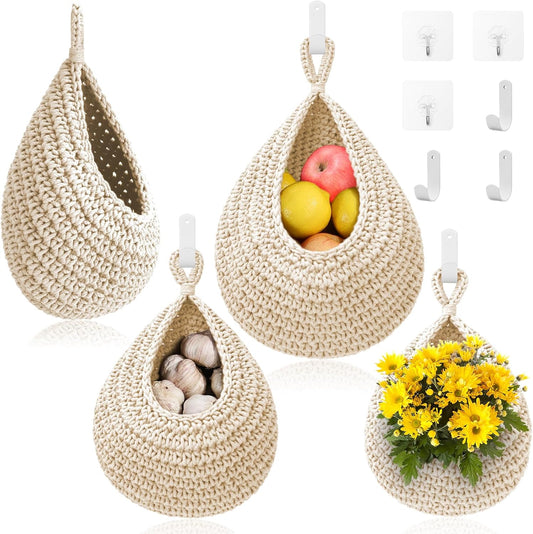Hanging Fruit Baskets for Kitchen - 3 Pack Boho Wall Hanging Basket with 6 Pcs Strong Hooks, Handwoven Onion Storage Teardrop Home Onion Basket for Fruits Vegetable Potato Kitchen Storage (White)