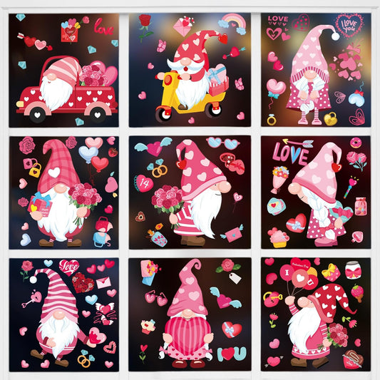 DC-BEAUTIFUL 107 PCS Valentines Window Clings, 9 Sheets Double-Sided Pink Love Heart Gnome Valentine Decoration Window Stickers, Reusable Static Holiday Window Decals for Home Wedding Party Decors