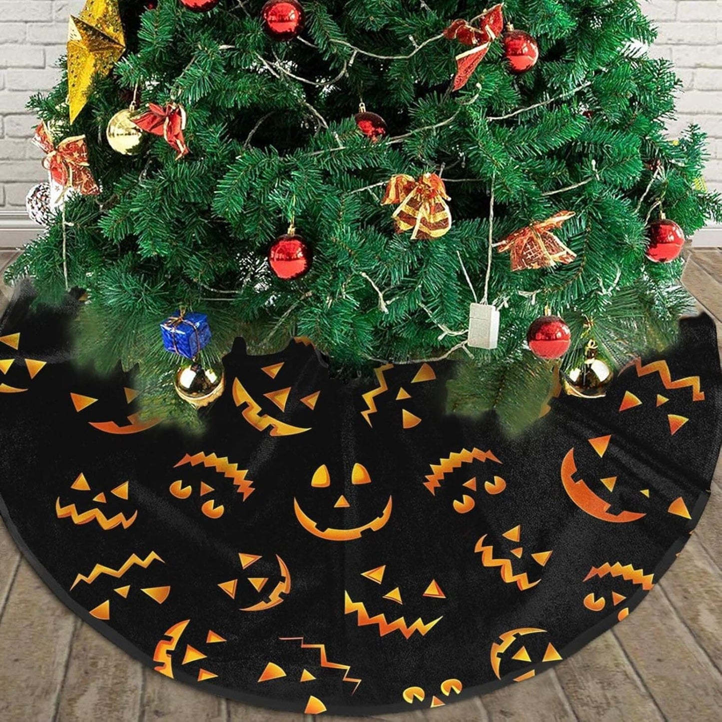 Christmas Tree Skirt,Jack O Lantern Pumpkin Smiles Xmas Tree Skirt Rustic Farmhouse Tree Skirt for Christmas Decor Xmas Holiday Home Party Decorations36