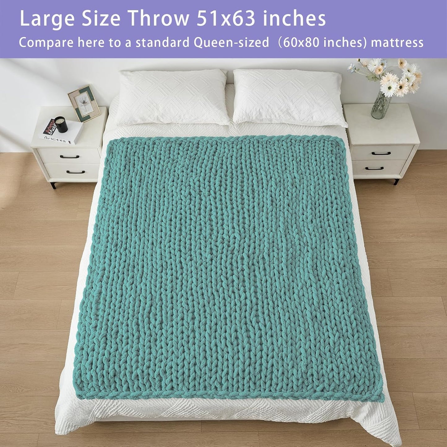 Bigacogo Chunky Knit Throw Blanket for Couch, 51x63 inches, 100% Hand Knitted with Thick Jumbo Chenille Yarn, Cozy Soft Large Rope Knot Cable Crochet Blankets for Sofa Bed Living Room, Light Teal