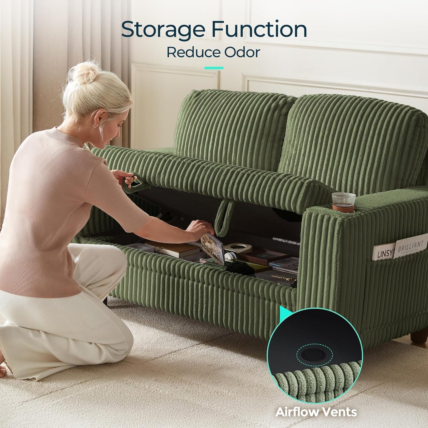 LINSY HOME Loveseat Sofa with Storage - Comfy Plush Corduroy 2 Seater Sofa with USB Charging & Cup Holders, Deep Seat Love Seat for Small Spaces Living Room Bedroom Apartment, Green