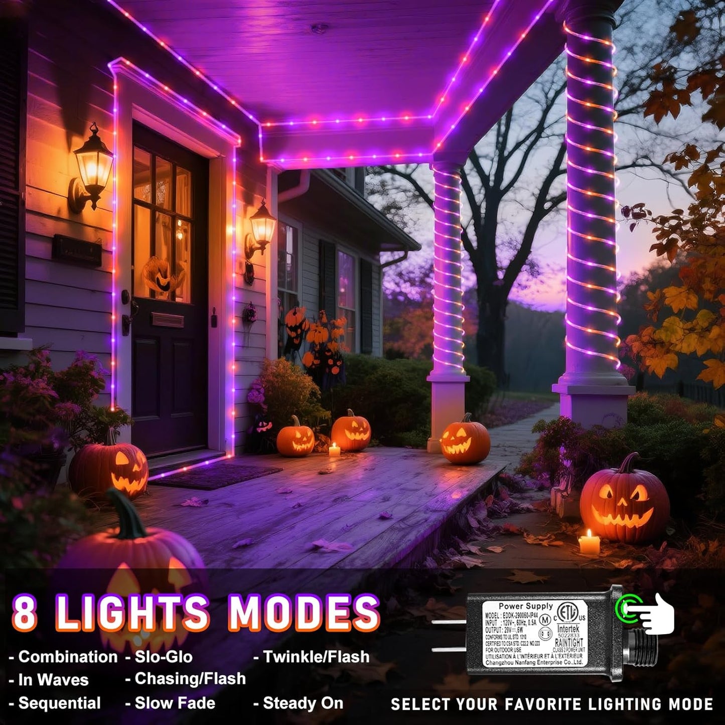 Purple Orange Halloween Lights, 66FT 200 LED Rope Lights for Outside Waterproof with 8 Modes, Connectable Tube String Lights for Indoor, Garden, Backyard, Patio, Deck, Pool, Tree Decorations