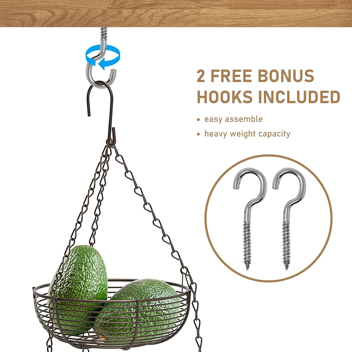 CAXXA 3-Tier Hanging Basket Fruit Organizer Kitchen Heavy Duty Wire Organizer with 2 Free Bonus Metal Ceiling Hooks(Bronze)