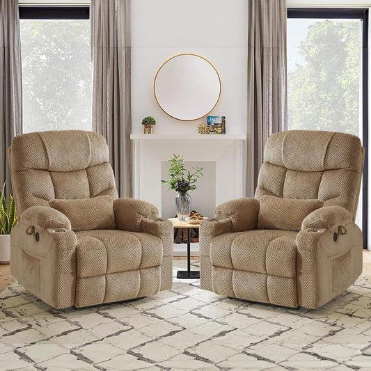Oversized Dual Motor Lay Flat Power Lift Recliner Chair Set of 2 for Elderly with Massage and Heat, Textile Large Recliner Chair, Lift Chairs Recliner with Lumbar Pillow, Cup Holder, Beige
