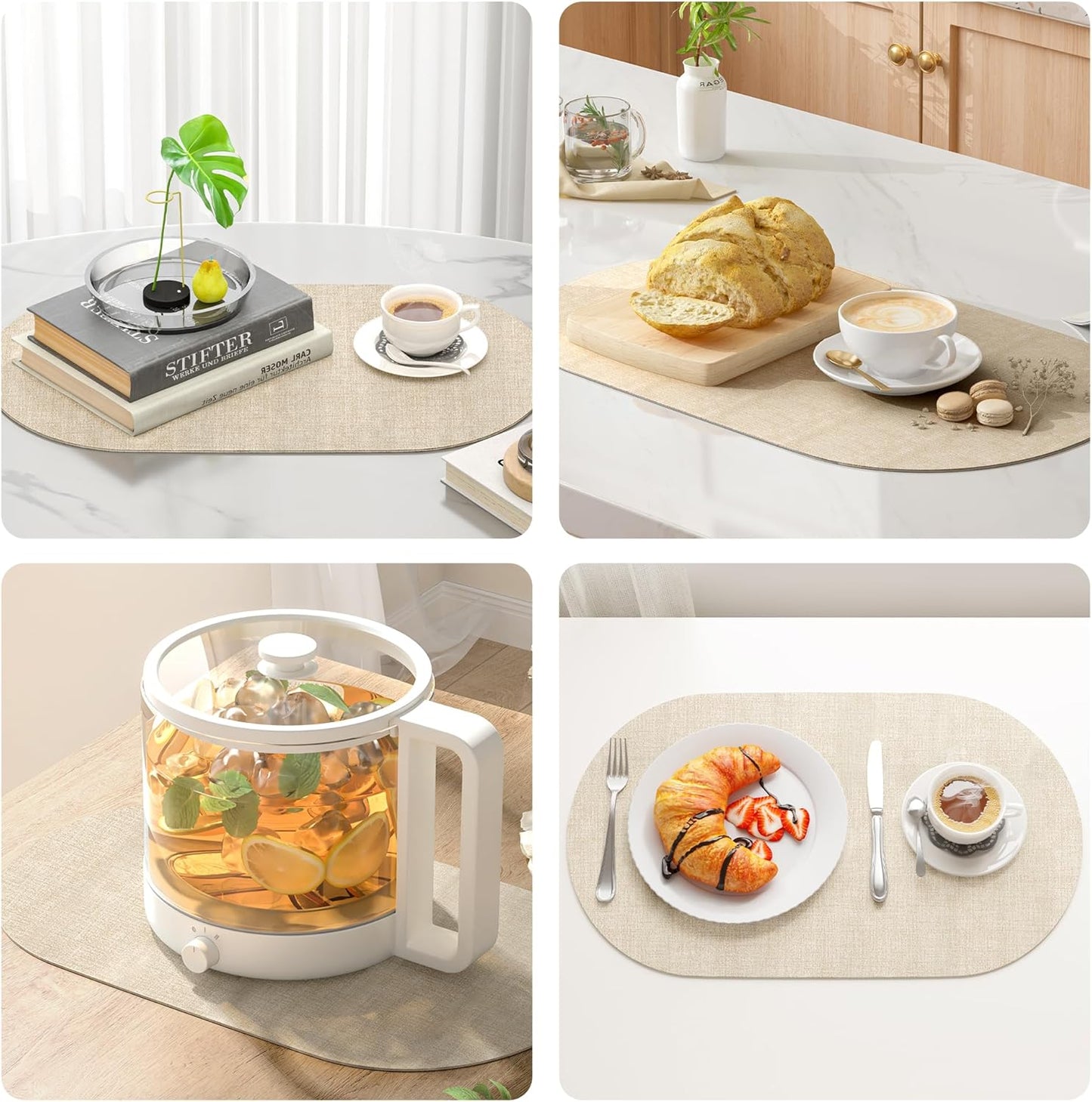 DOLOPL Placemats Set of 6, Oval Large Beige Place Mats for Kitchen Dining Room Table Decorations, Faux Leather Anti Slip Waterproof Dining Table Place Mats for Indoor & Outdoor Use(13.8"x21.6")