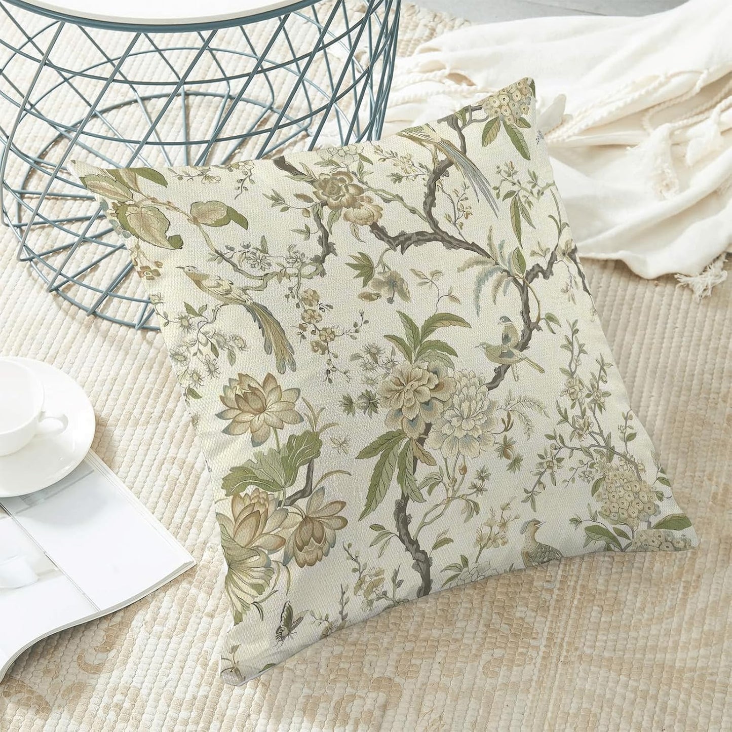 CXMEIFLY Spring Floral Birds Pillow Covers 18 x 18 Inch Set of 2 for Chinoiserie Flowers Decor Throw Pillows Sage Green Plant Outdoor Decorative Cushion Cases for Couch Bed Decorations