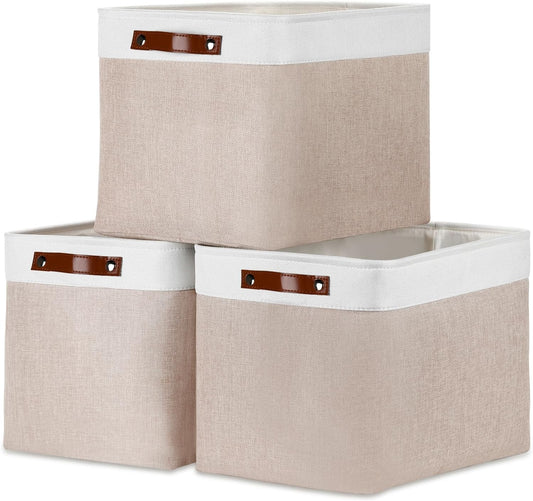DULLEMELO Fabric Storage Bins, Lining Fabric Baskets For Gifts, Large Storage Baskets for Toys Books Clothes Storage, Foldable Storage Basket for Office Home Shelves Closets Organizing(White&Khaki)