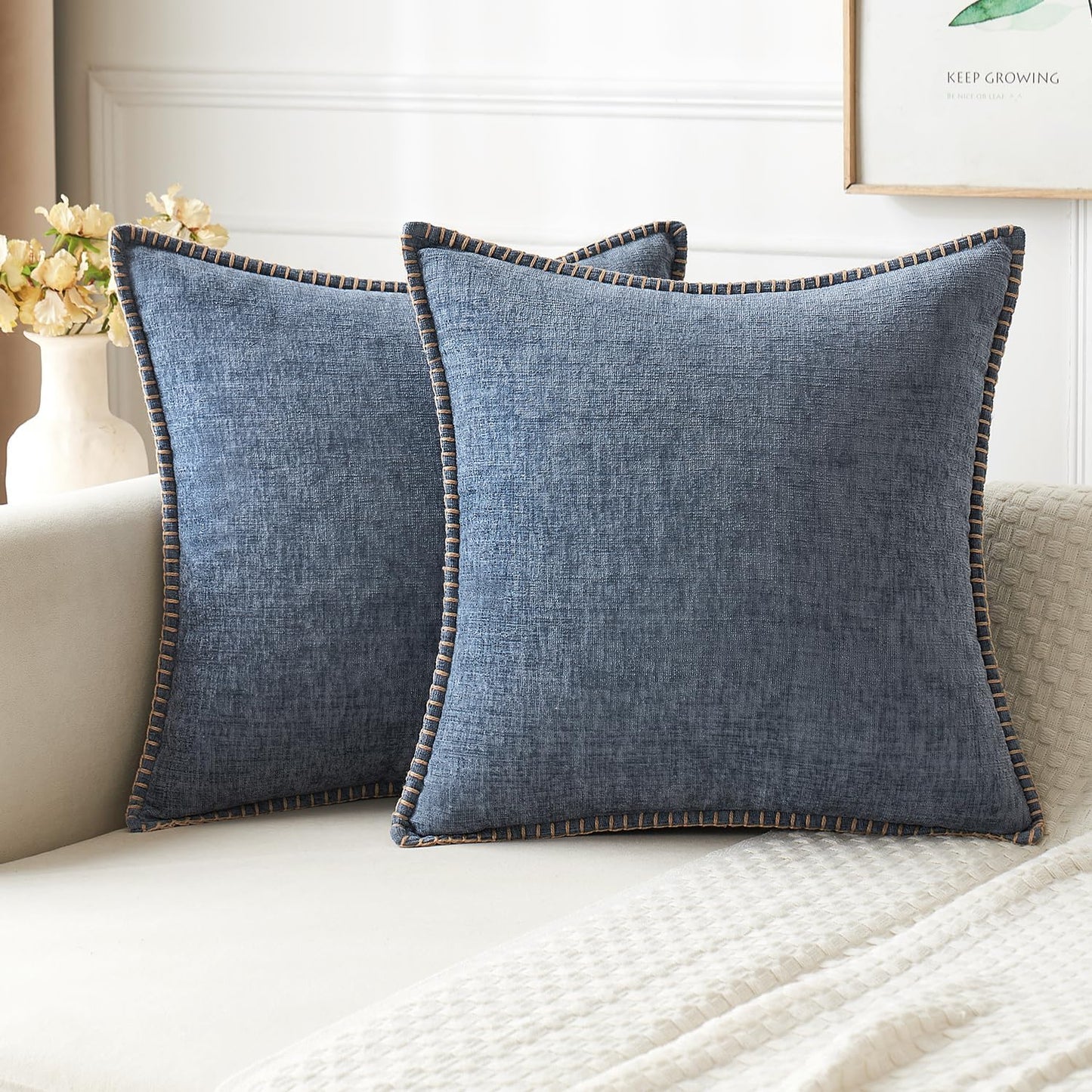 MIULEE Pack of 2 Couch Throw Pillow Covers 16x16 Inch Dark Grey Blue Farmhouse Decorative Pillow Covers with Stitched Edge Soft Chenille Solid Dyed Spring Pillow Covers for Sofa Bed Living Room