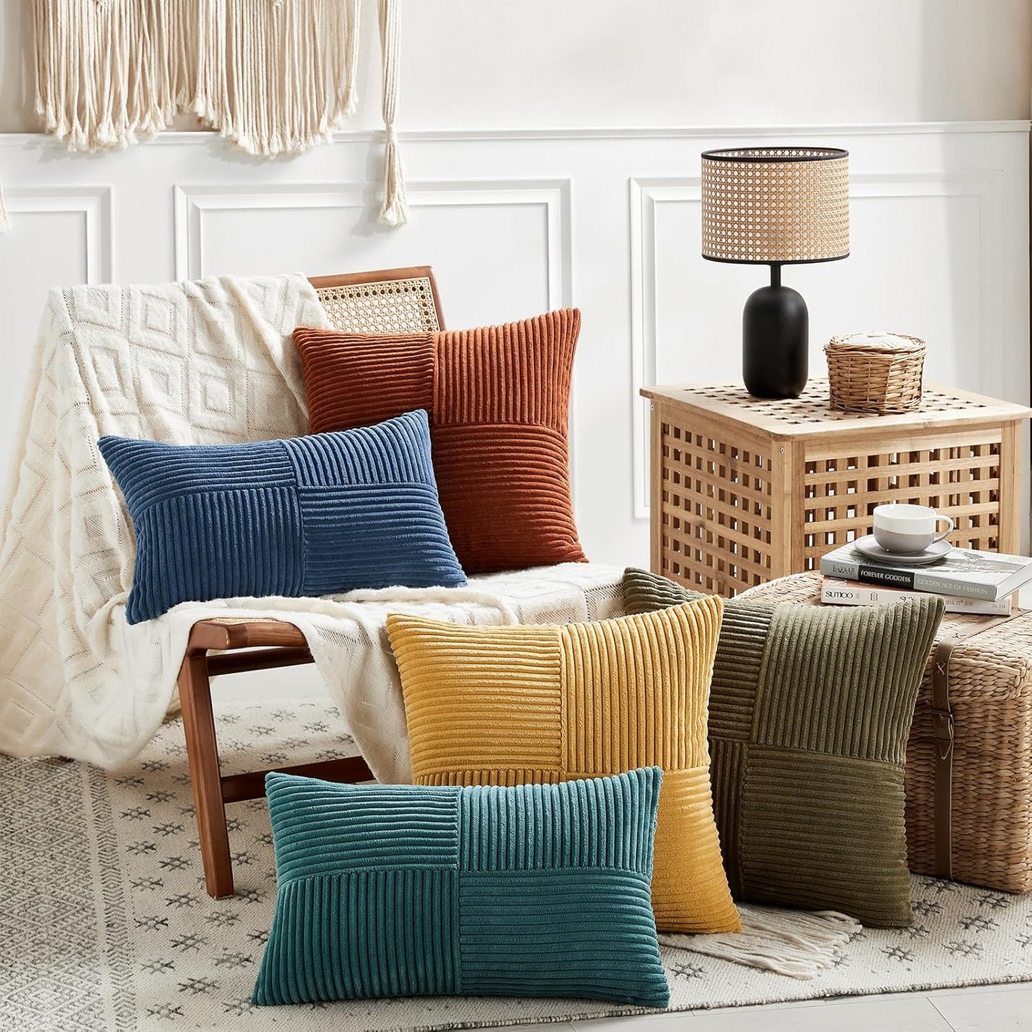 Fancy Homi 2 Packs Teal Decorative Throw Pillow Covers 22x22 Inch for Living Room Couch Bed Sofa, Rustic Farmhouse Boho Home Decor, Soft Corss Corduroy Patchwork Accent Square Cushion Case 55x55 cm