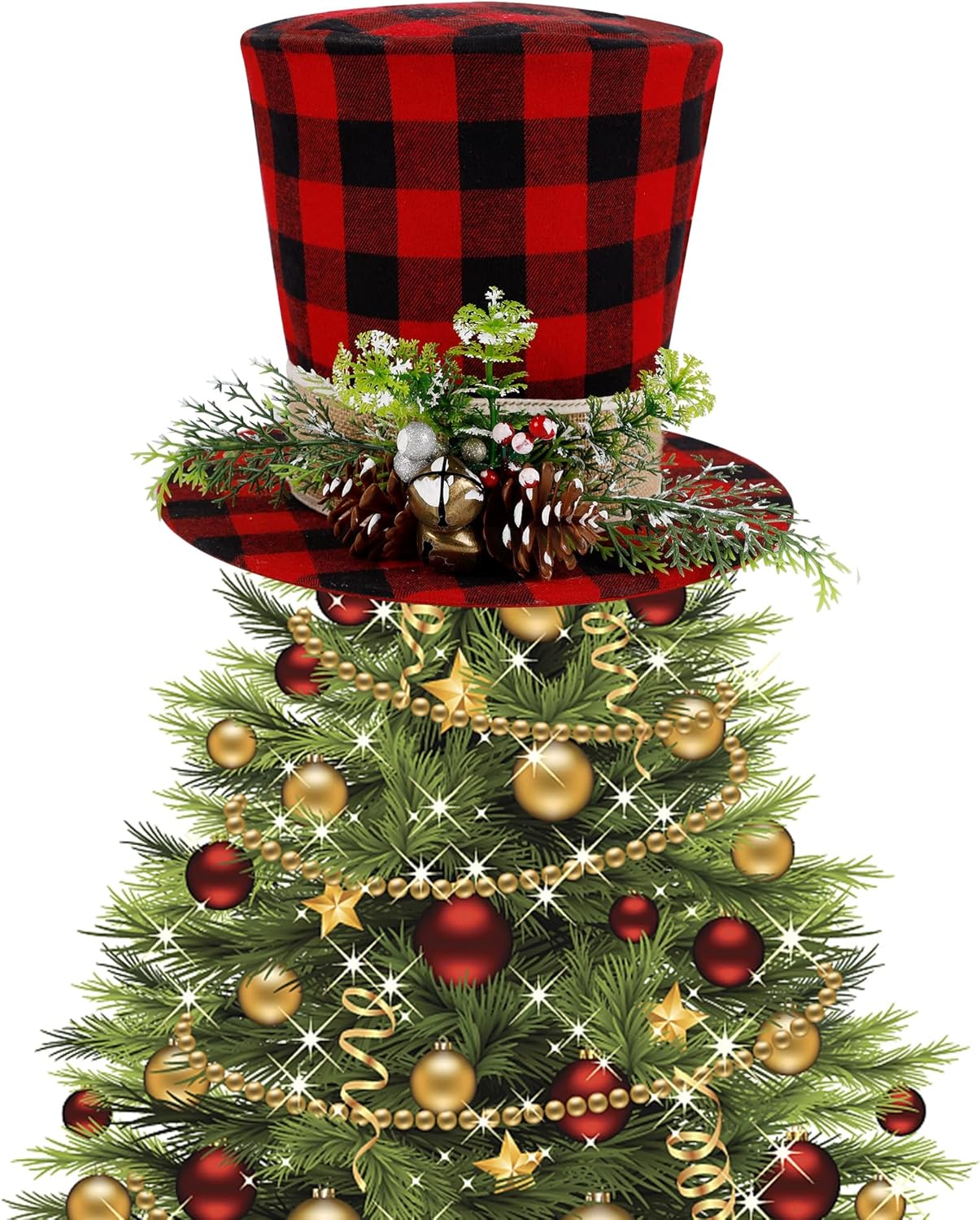 Prsildan Christmas Plaid Top Hat Tree Topper with Pine Cones, Berries, and Bells - Holiday Decor