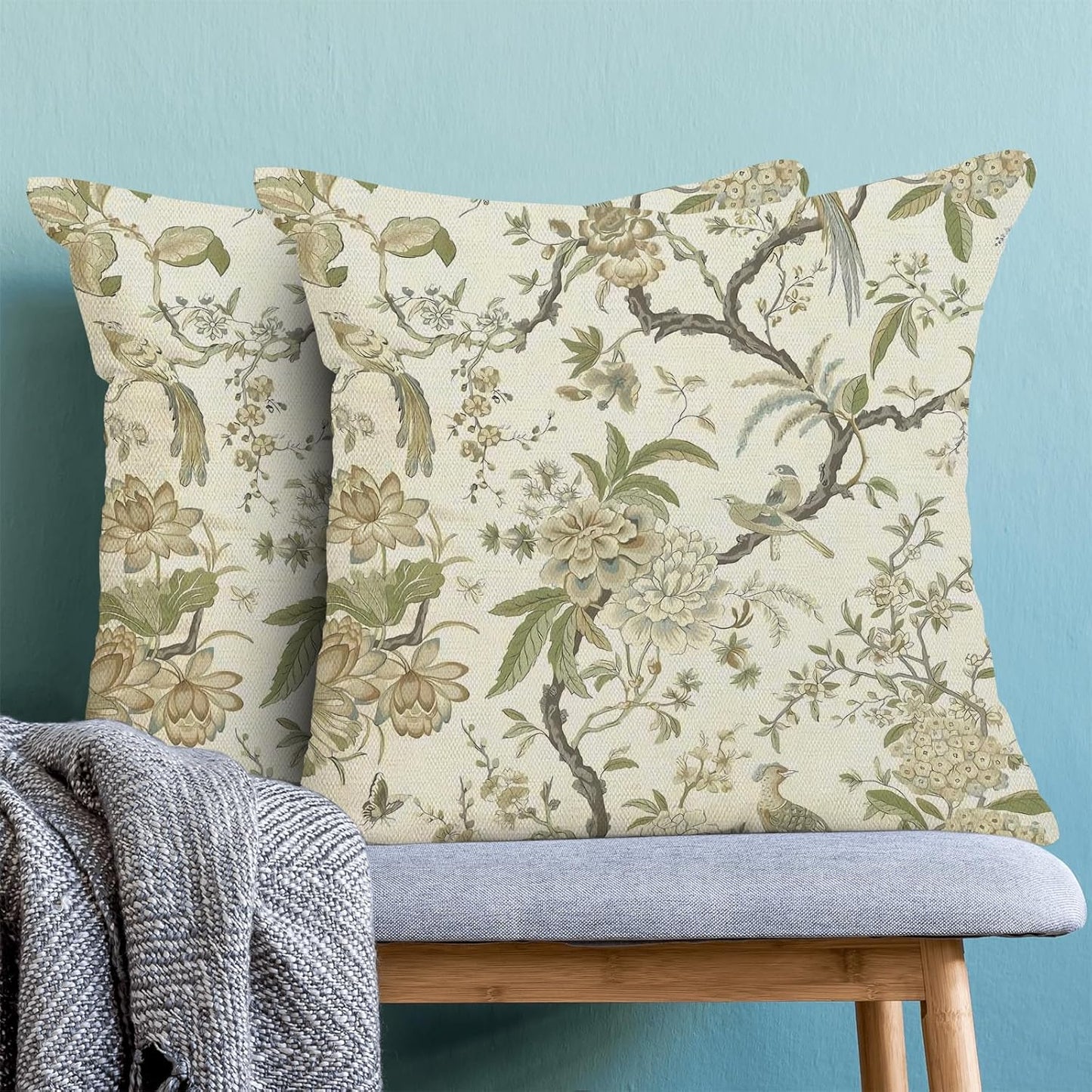 CXMEIFLY Spring Floral Birds Pillow Covers 16 x 16 Inch Set of 2 for Chinoiserie Flowers Decor Throw Pillows Sage Green Plant Outdoor Decorative Cushion Cases for Couch Bed Decorations