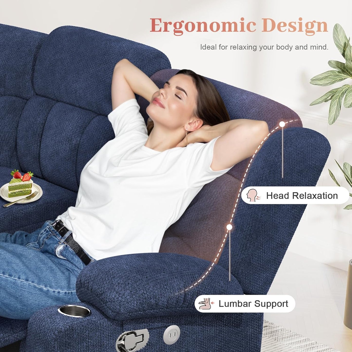 Recliner Sofa Set with 2+1 Pieces, Fabric Manual Pull Tab Reclining Loveseat with Storage Console, Single Recliner Chair for Living Room, RV, Blue