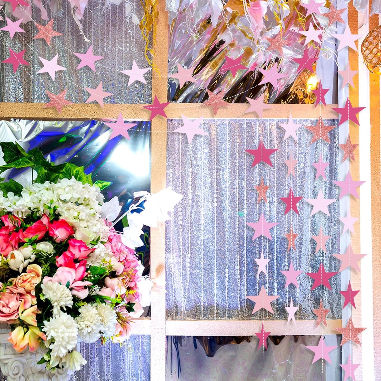 Patelai Glitter Star Garland Banner Decor 130 Feet Star Hanging Bunting Banner Twinkle Backdrop for Homecoming Classroom Wedding Birthday Halloween Christmas Party Supplies(Pink,Purple)