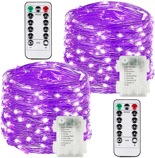 2 Pack 100LED Battery Operated Fairy Lights with Remote, 8 Modes LED String Lights with Timer, Dimmable, Memory Function, Waterproof Twinkle Lights for Outdoor Indoor Christmas Decor(Purple)