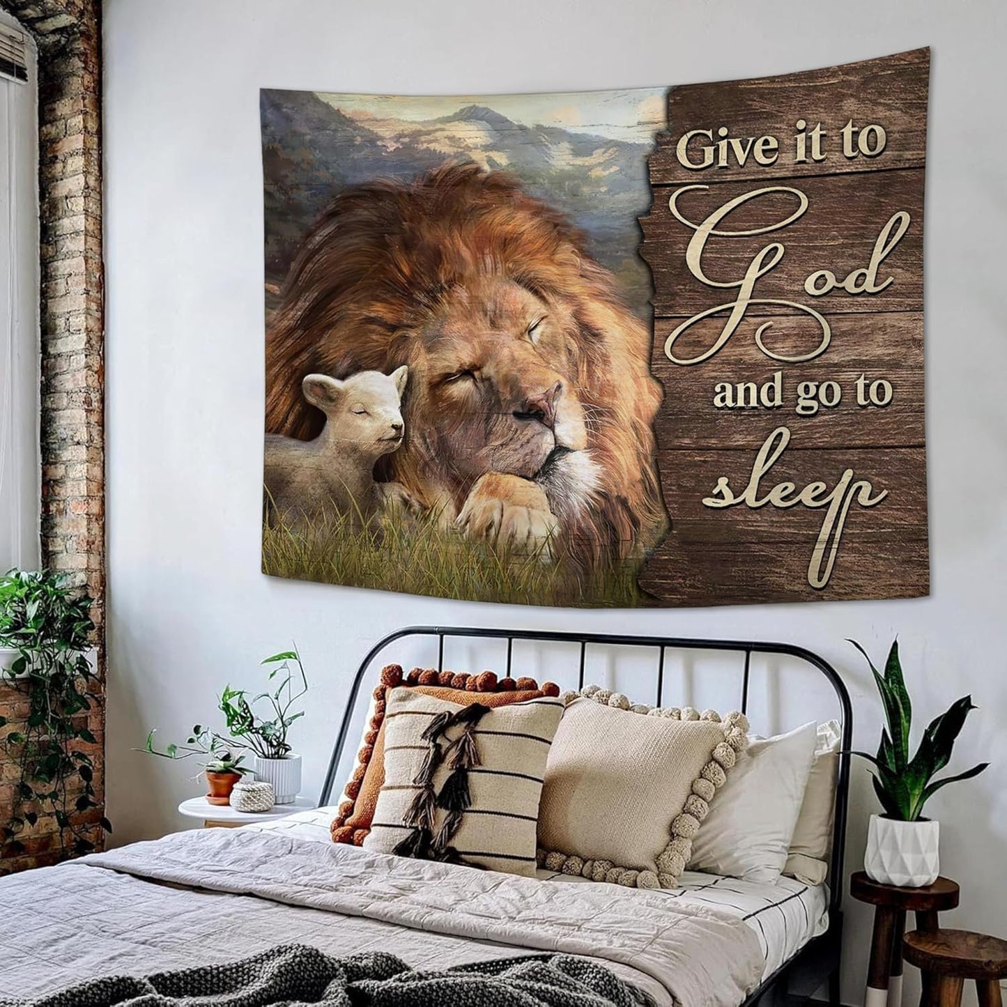 yowecso Lion and Lamb Tapestry Give It To God And Go To Sleep Tapestry Wall Hanging for Bedroom Christian Religious Tapestries Aesthetic Wall Decor for Home Dorm Living Room 50"x60"