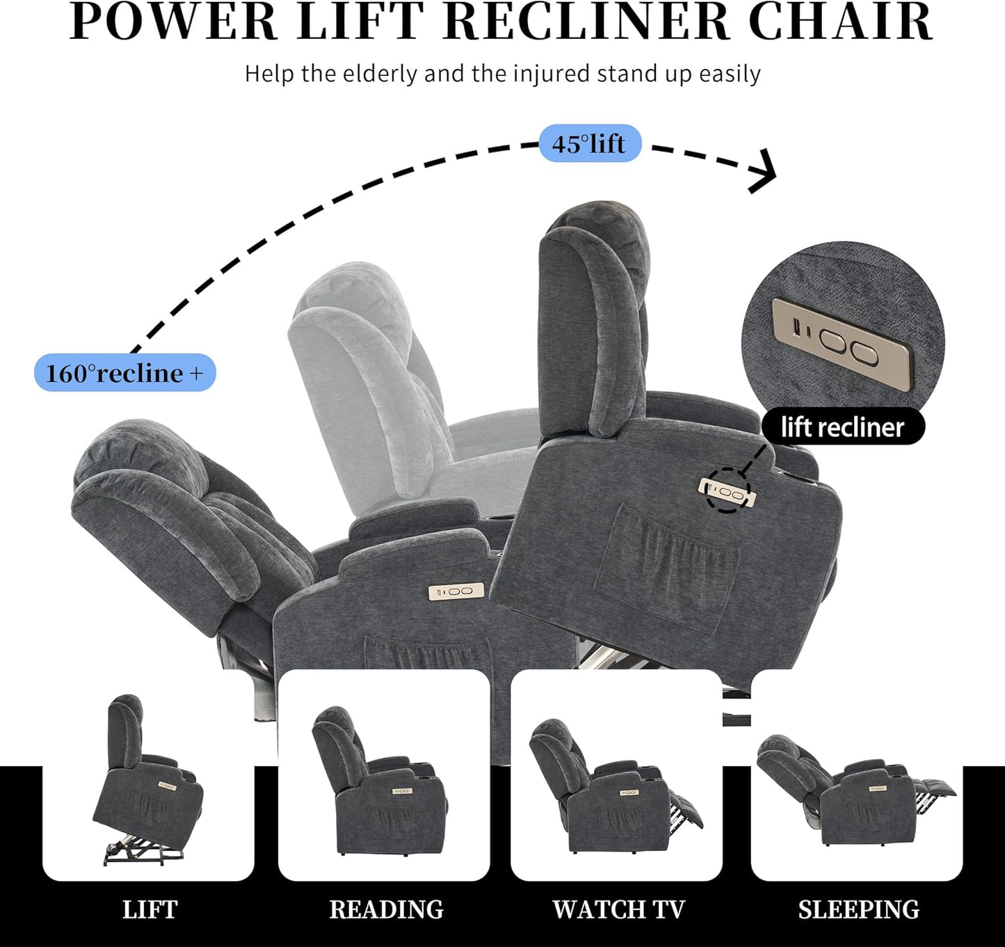 Power Lift Recliner Chair for Elderly with Massage and Heat, Recliner Chairs for Adults, Upgraded Fabric Reclining Sofa Chair with USB & Type-C Ports and Cup Holders, L1188(Grey)
