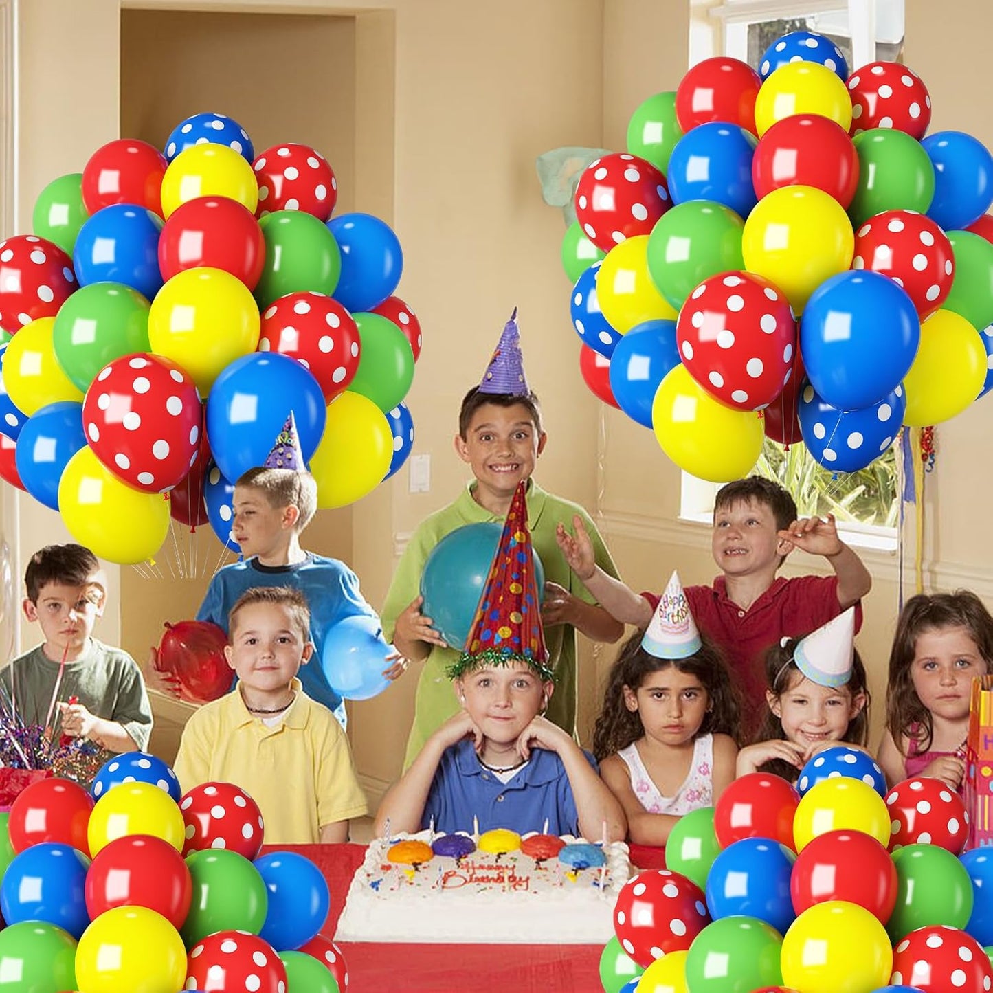 Red Blue Green Yellow Balloons 12 Inch Assorted Rainbow Latex Balloons Primary Color Red Blue Yellow Green Polka Dot Colorful Balloon for Kids Birthday Baby Shower Carnival Circus Party Decor