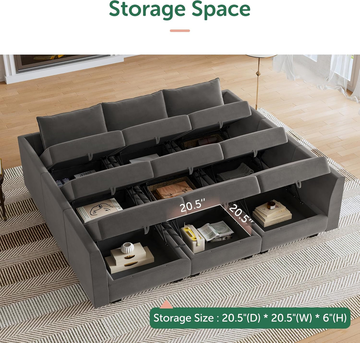 HONBAY Velvet Sectional Sofa Couch with Storage - Modular Sleeper for Living Room, Grey