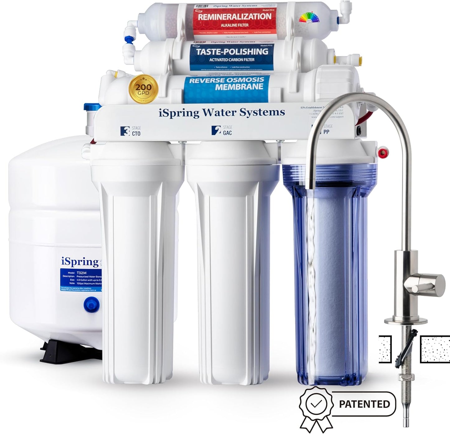 iSpring RCC2AK, Upgraded 200 GPD, pH+ 6-Stage Under Sink Reverse Osmosis System with Alkaline Remineralization Filter, Patented Top-Mounted Faucet Design for Easy DIY Installation