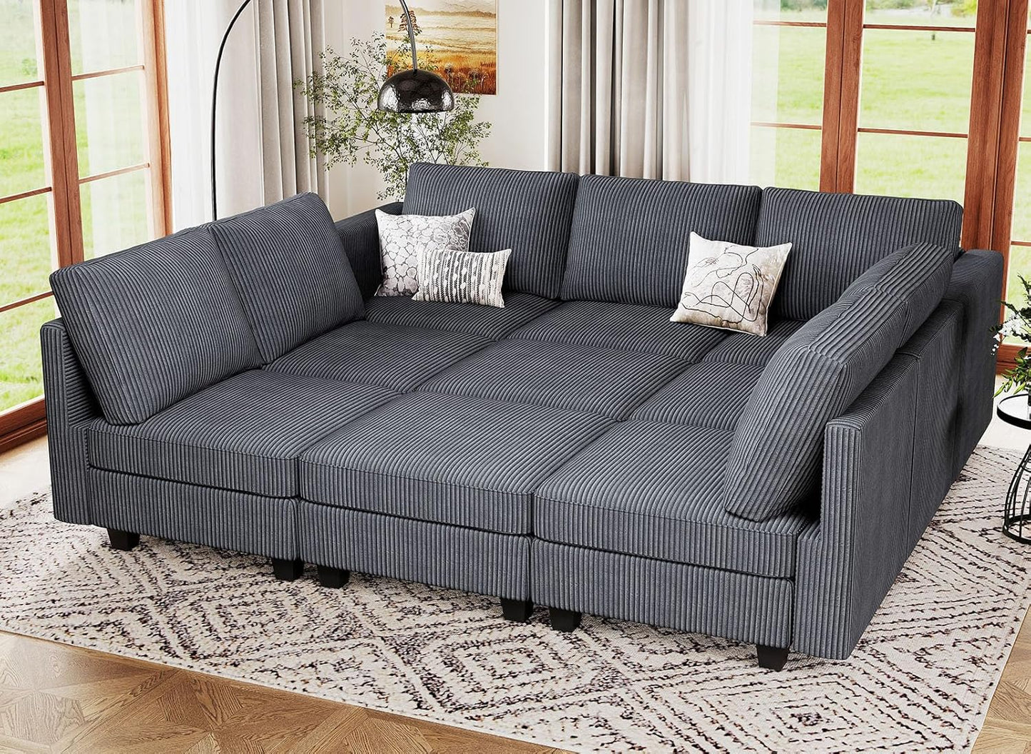 Belffin Corduroy Modular Sectional Sofa 9 Seat Convertible Sectional Sleeper Sofa Bed with Storage Ottomans Modular Sectional Couch Bed for Living Room Dark Grey