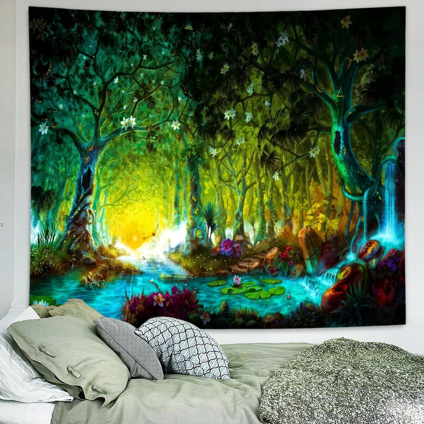 Delur Fantasy Forest Tapestry Mystical River Enchanted Magical Fairy Tale Tree Tapestry Sunrise Landscape Sunset Nature Psychedelic Wall Hanging Headboard for Bedroom Living Room Home Decor (51.2" x 59.1")