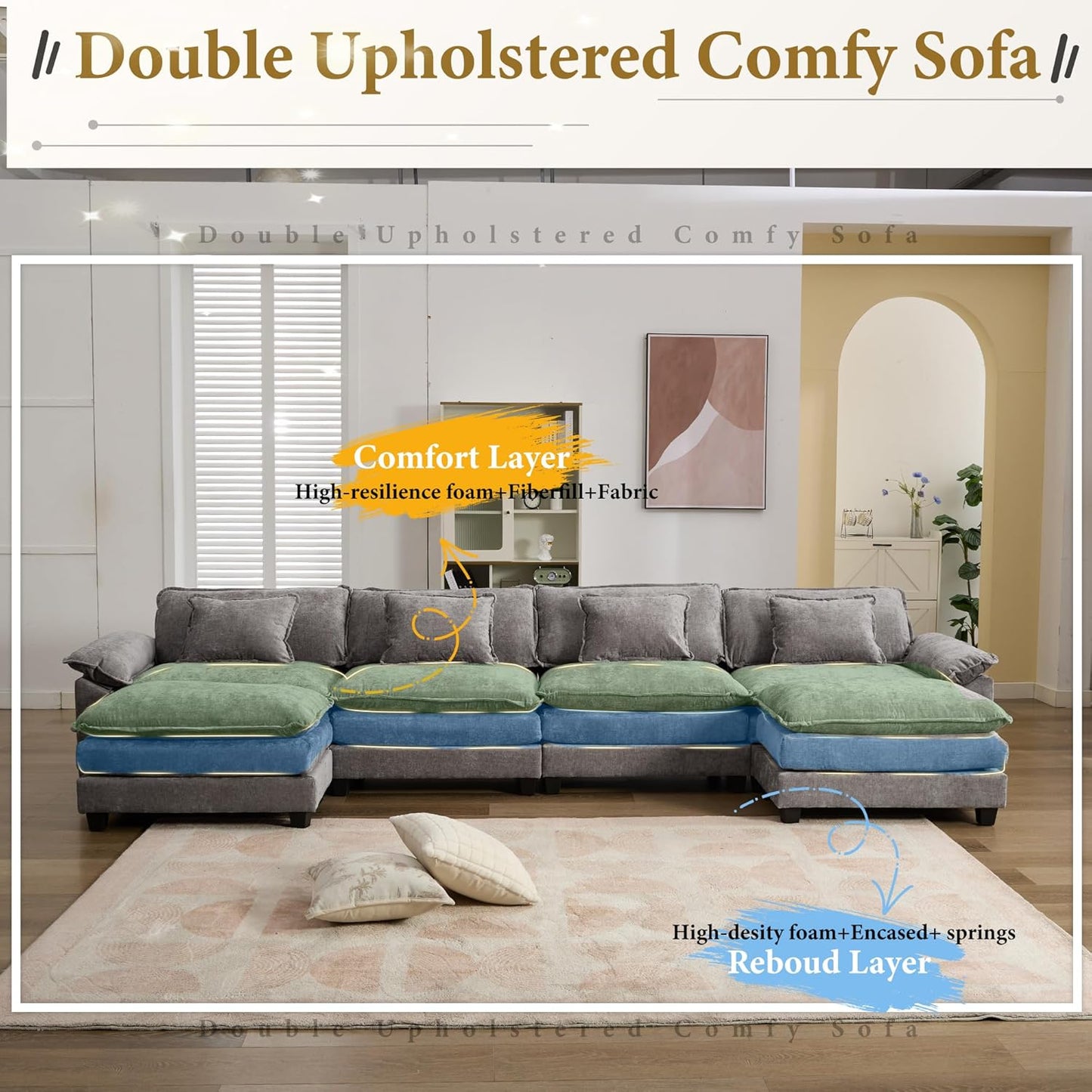 URRED Modular Sectional Sofa Comfy Cloud Couch, Modern Chenille Sofa Sleeper Deep Seat Couches with Ottoman/Pillows for Living Room (Gray, 154'' - U Shape)