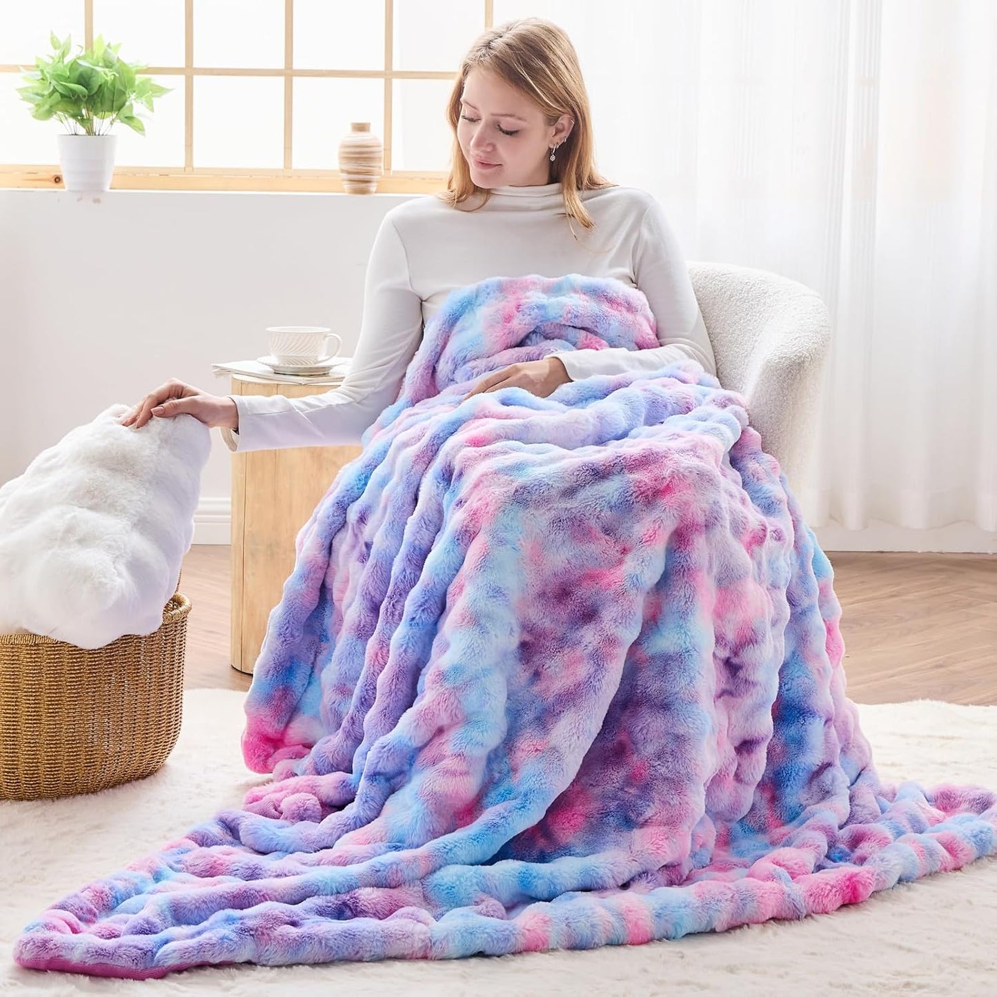 NEWCOSPLAY Faux Fur Twin Blanket Purple Rainbow Luxury Fluffy Thick Warm Bubble Blanket for Couch Sofa Bed 700GSM (Purple Rainbow, Twin(60"x80"))