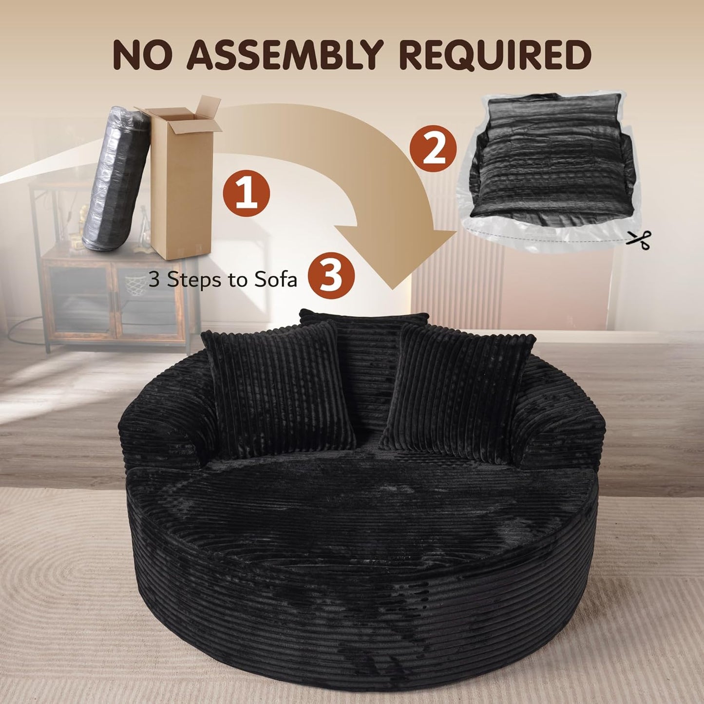 ovios 58" Oversized Round Chair Lounge Chaise Indoor, No Assembly Required, Cloud Large Circle Chair with Plush Fuax Fur, Fluffy Modern Sleeper Sofa Bed for Reading Yoga, Black (Plush Corduroy Fabric)