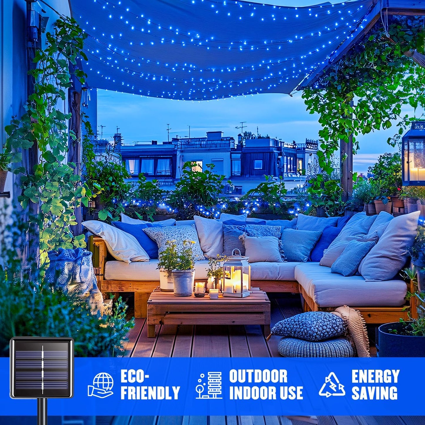 JMEXSUSS 2 Pack Blue Solar Christmas Lights: 100 LED 33ft Blue Solar Lights Outdoor, 8 Modes Solar String Lights for Outside Christmas Tree Gardens Party