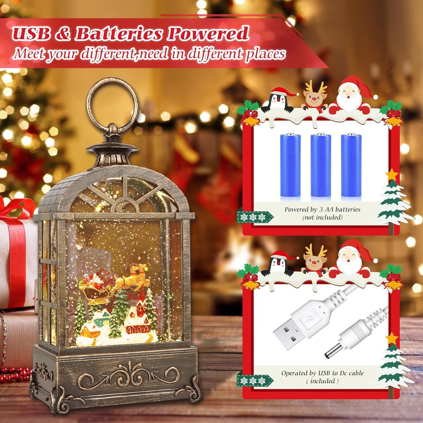 Christmas Snow Globes Lantern,Musical Snow Globes,Christmas Decorations Indoor for Home,Battery Or USB Powered,with 6 Hour Timer,Christmas Lantern for Festival Decoration,Reindeer Vehicle