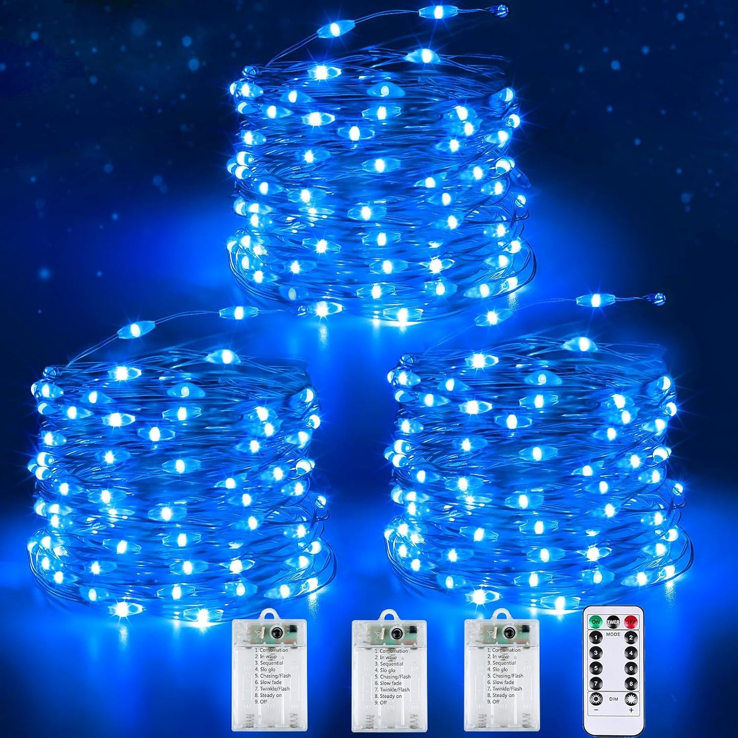3 Pack Fairy Lights Battery Operated with Remote Control Timer, 26 FT 80 LED String Lights Outdoor Indoor Decoration, 8 Modes Twinkle Lights for Christmas Party Wedding Birthday Bedroom Décor (Blue)