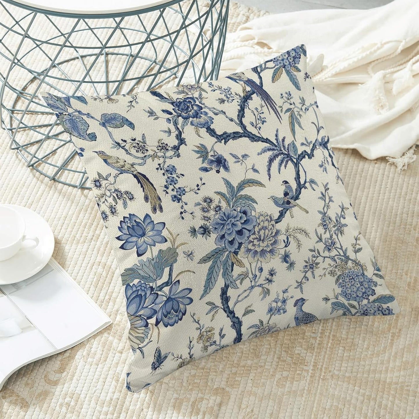 CXMEIFLY Spring Floral Birds Pillow Covers 16 x 16 Inch Set of 2 for Chinoiserie Flowers Decor Throw Pillows Blue and White Plant Outdoor Decorative Cushion Cases for Couch Bed Decorations