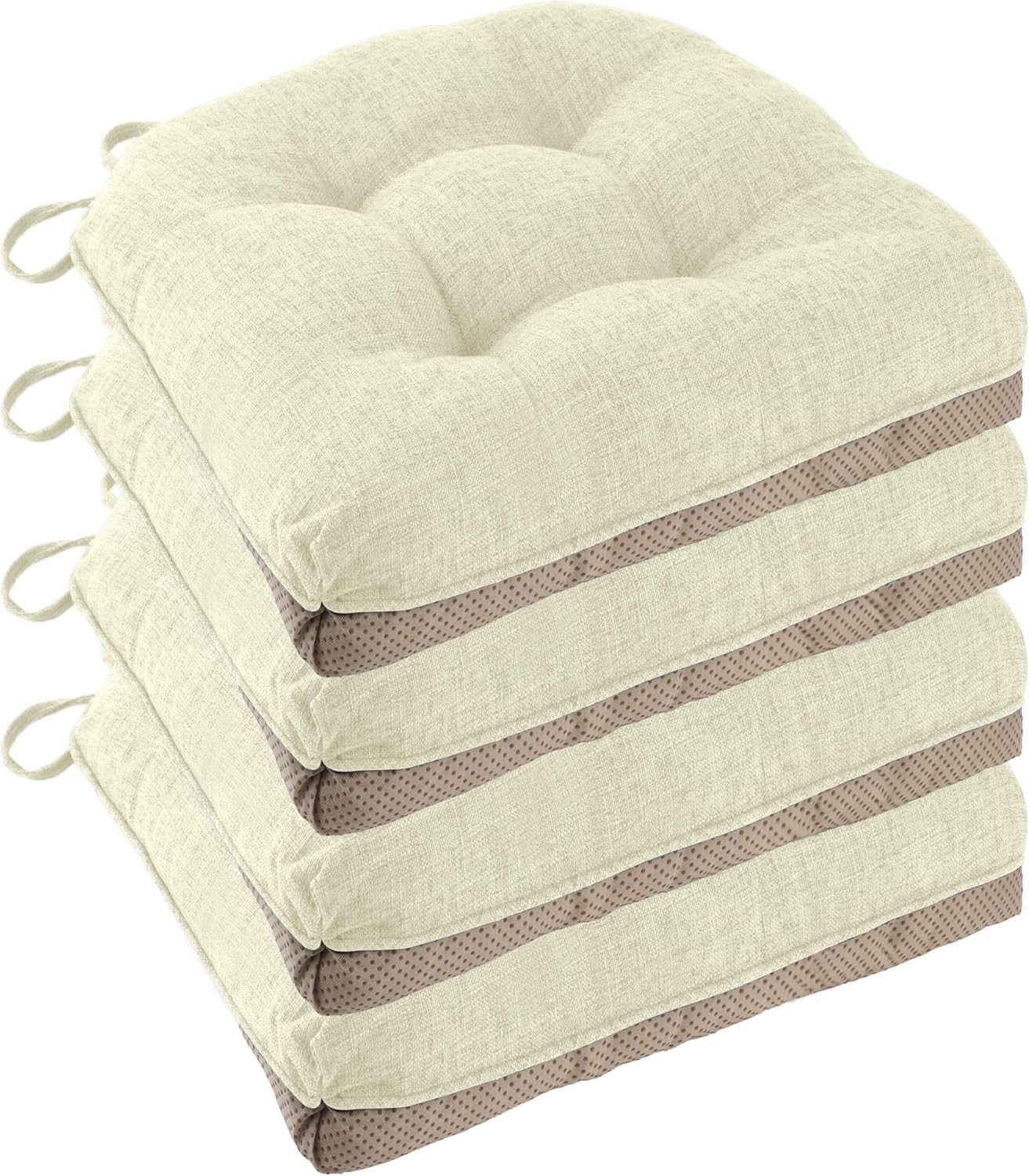 Non Slip Chair Cushions for Dining Chairs Set of 4 Kitchen Chair Cushions 18"x18"x3" Turfted Chair Pads Comfortable and Soft Seat Cushion with Ties, Beige