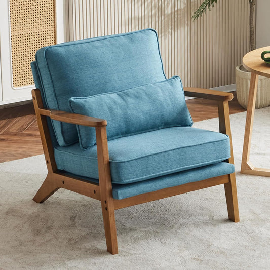 Karl home Accent Chair Wide Armrest Mid-Century Lounge Chair Linen Fabric Armchair with Lumbar Pillow & Solid Wood Frame for Living Room, Bedroom, Balcony, Cyan-Blue