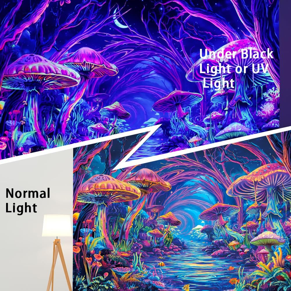 Yuiqear Blacklight Forest Tapestry UV Reactive Mushroom Tapestries Fantasy Landscape Wall Decor Aesthetic Plant Floral Tapestry Wall Hanging for Bedroom
