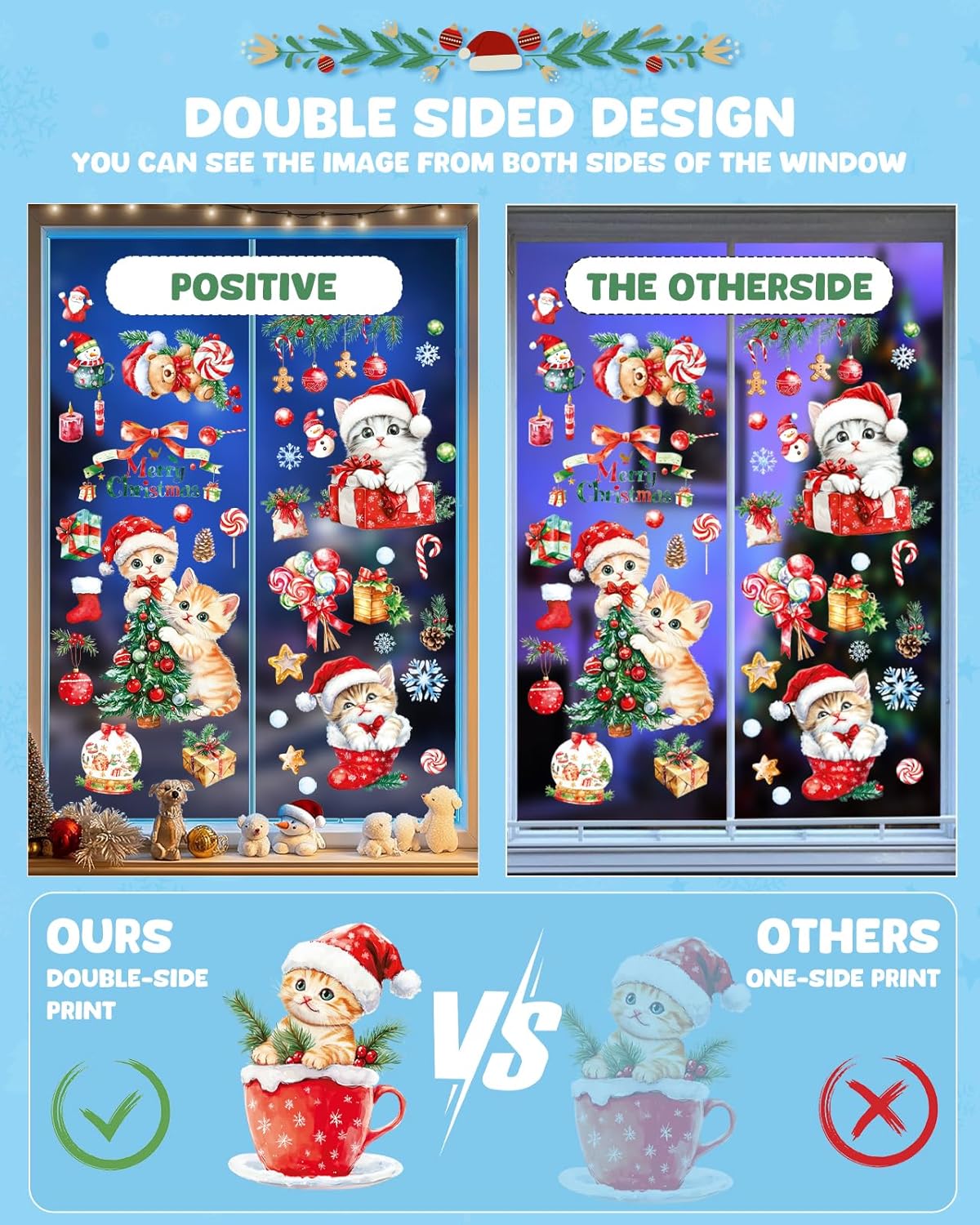 Christmas Window Clings Decorations - Cute Funny Double-Sided Static Stickers for Glass Windows and Doors, Perfect Decorations, with Cat Kitten Pattern, Reusable 9 Sheets