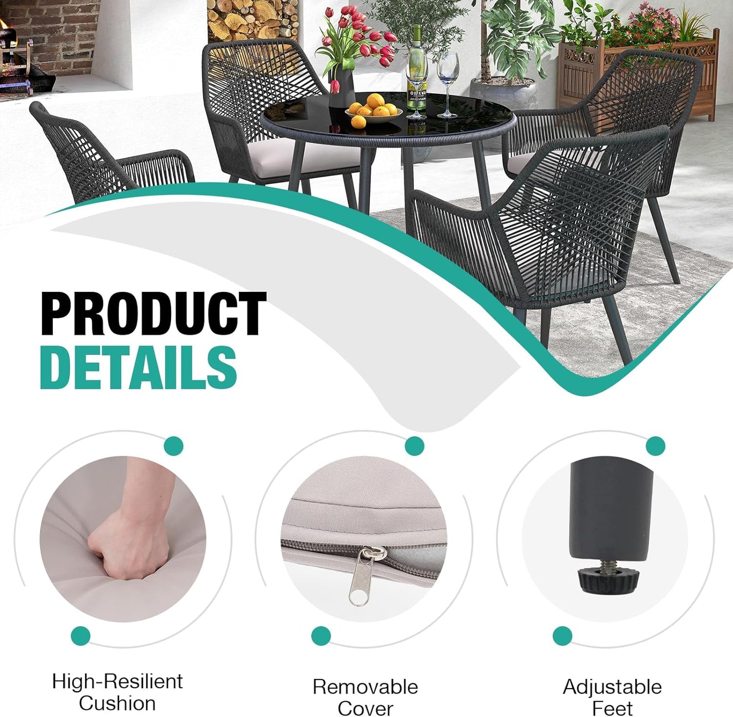 Patiorama Patio Dining Chair Set of 4, Woven Rope Outdoor Dining Chairs w/Steel Frame, All-Weather Twisted Rattan Chairs w/Armrest & Cushion, Outdoor Dining Wicker Chairs for Backyard Garden(Black)