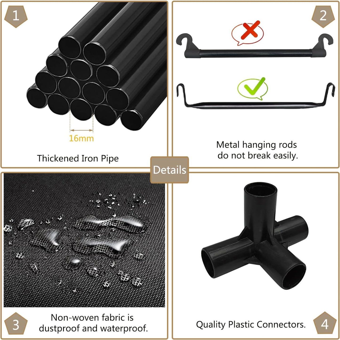 SORCEDAS Portable Wardrobe Closet Storage Organizer Metal Hanging Rack Non-Woven Fabric (Black, 51 Inch)