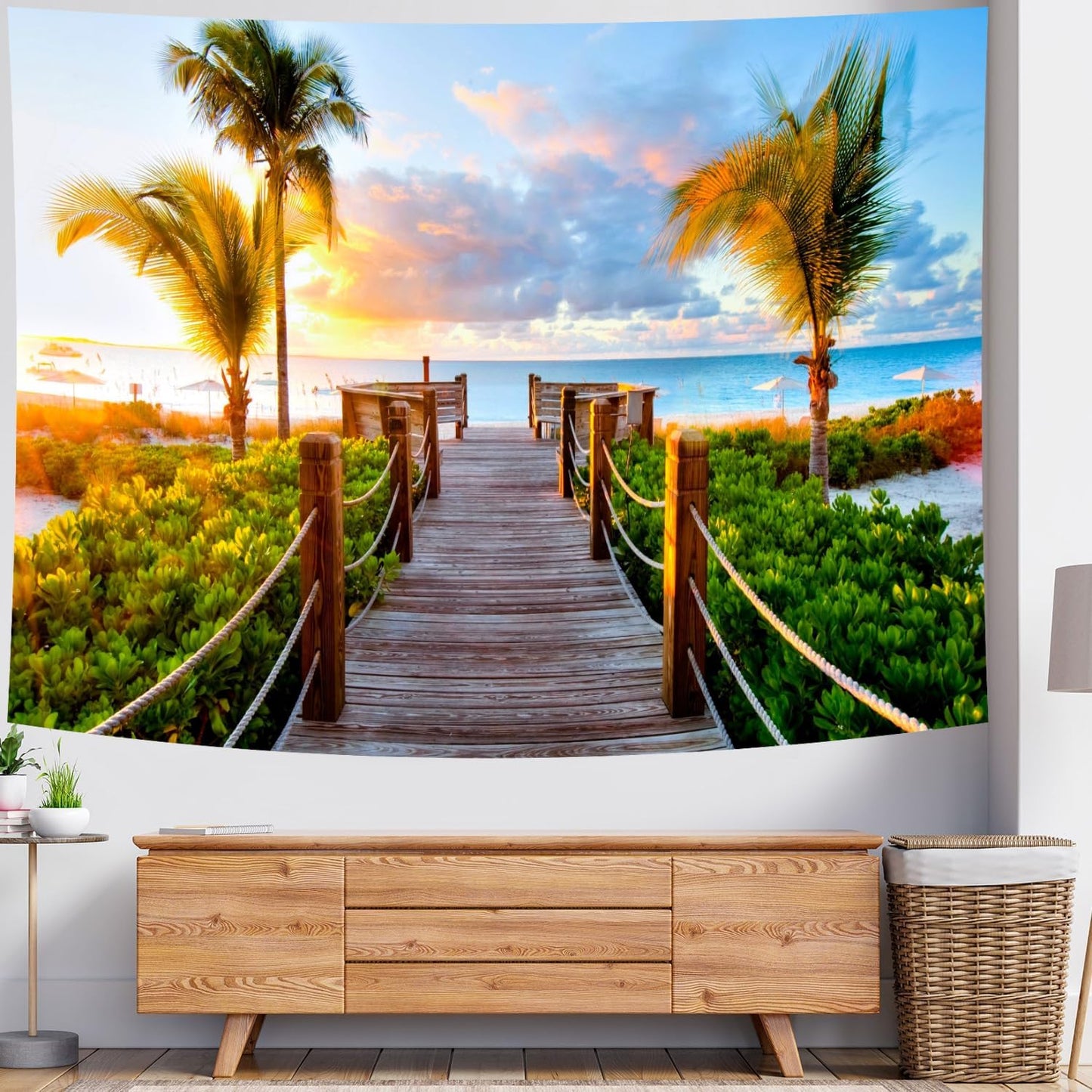 Delur Beach Sunset Tapestry Tropical Seaside Palm Tree Coastal Tapestry Wall Hanging Sunrise Nature Landscape Scenic Psychedelic Headboard for Bedroom Living Room Home Decor (70.8" x 92.5")
